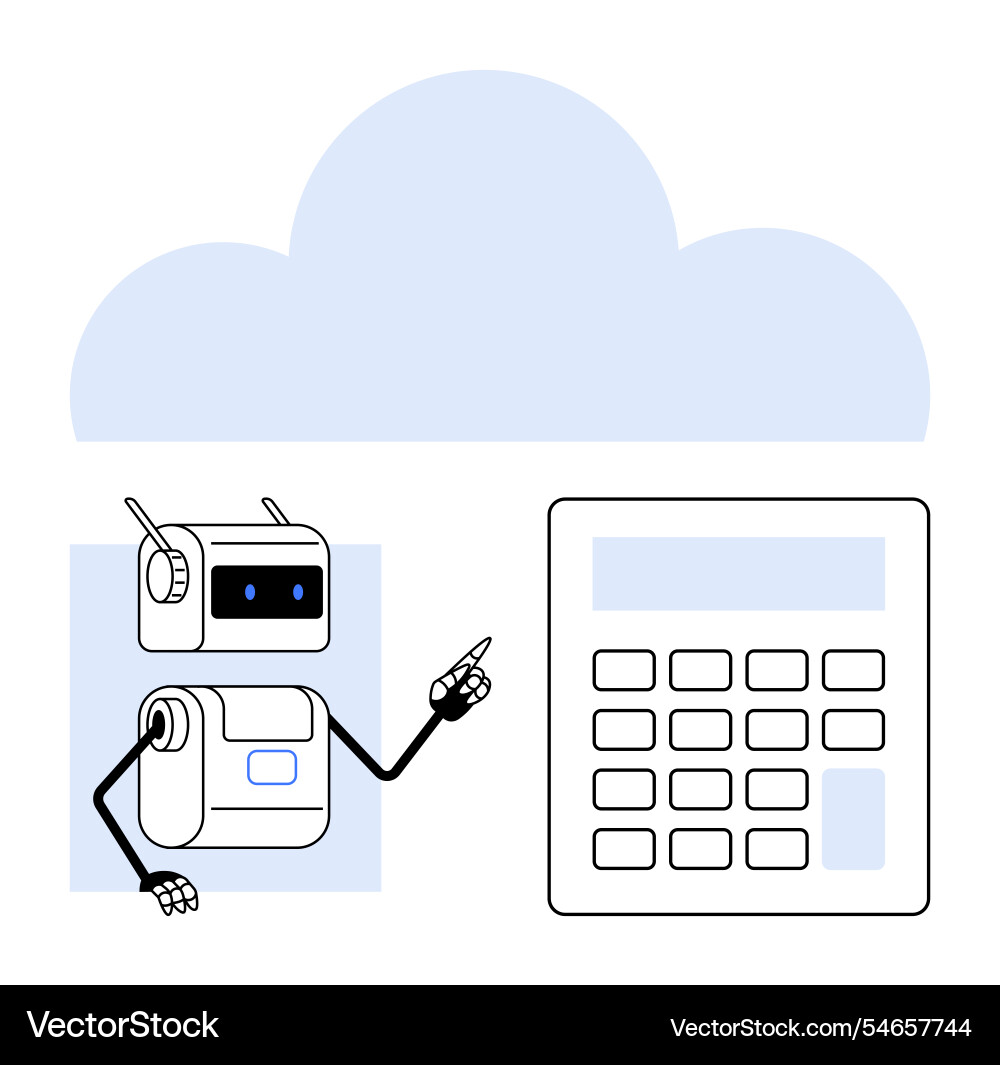 Cloud computing robot pointing at calculator Cloud computing robot pointing at calculator vector image