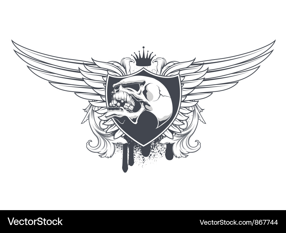 Floral Skull with Winged Shield vector image