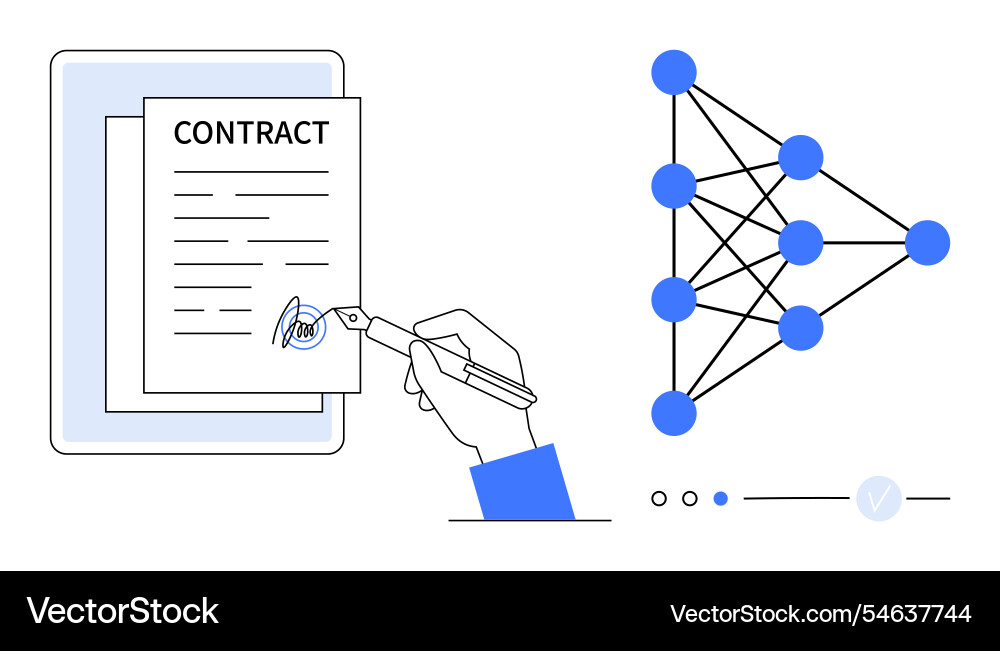 Hand signing contract with digital nodes network Vector Image