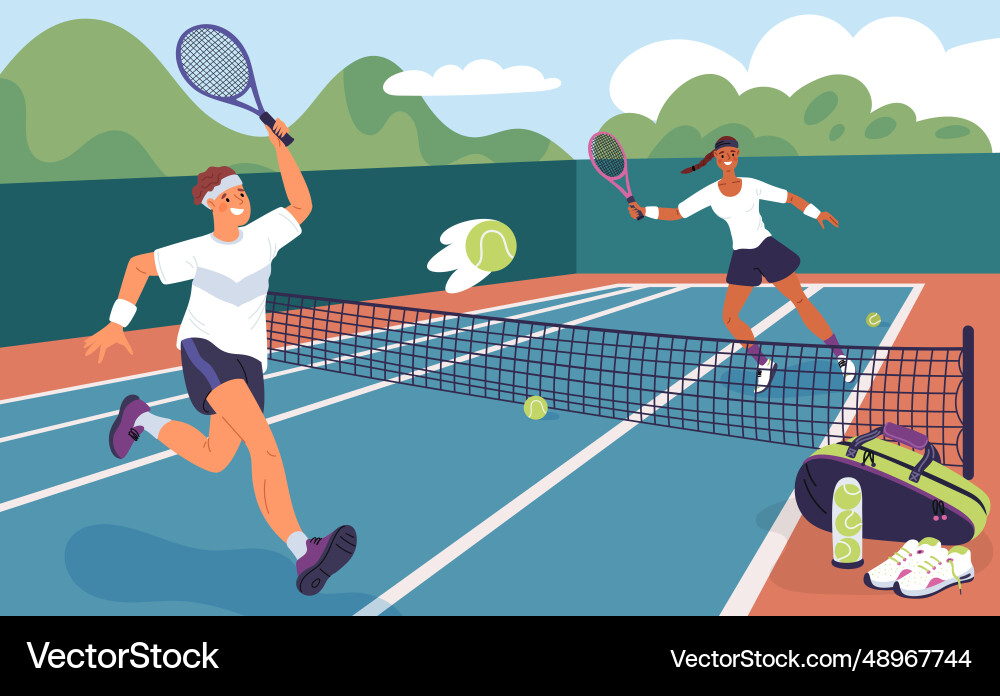 Lawn tennis players on court cartoon professional vector image