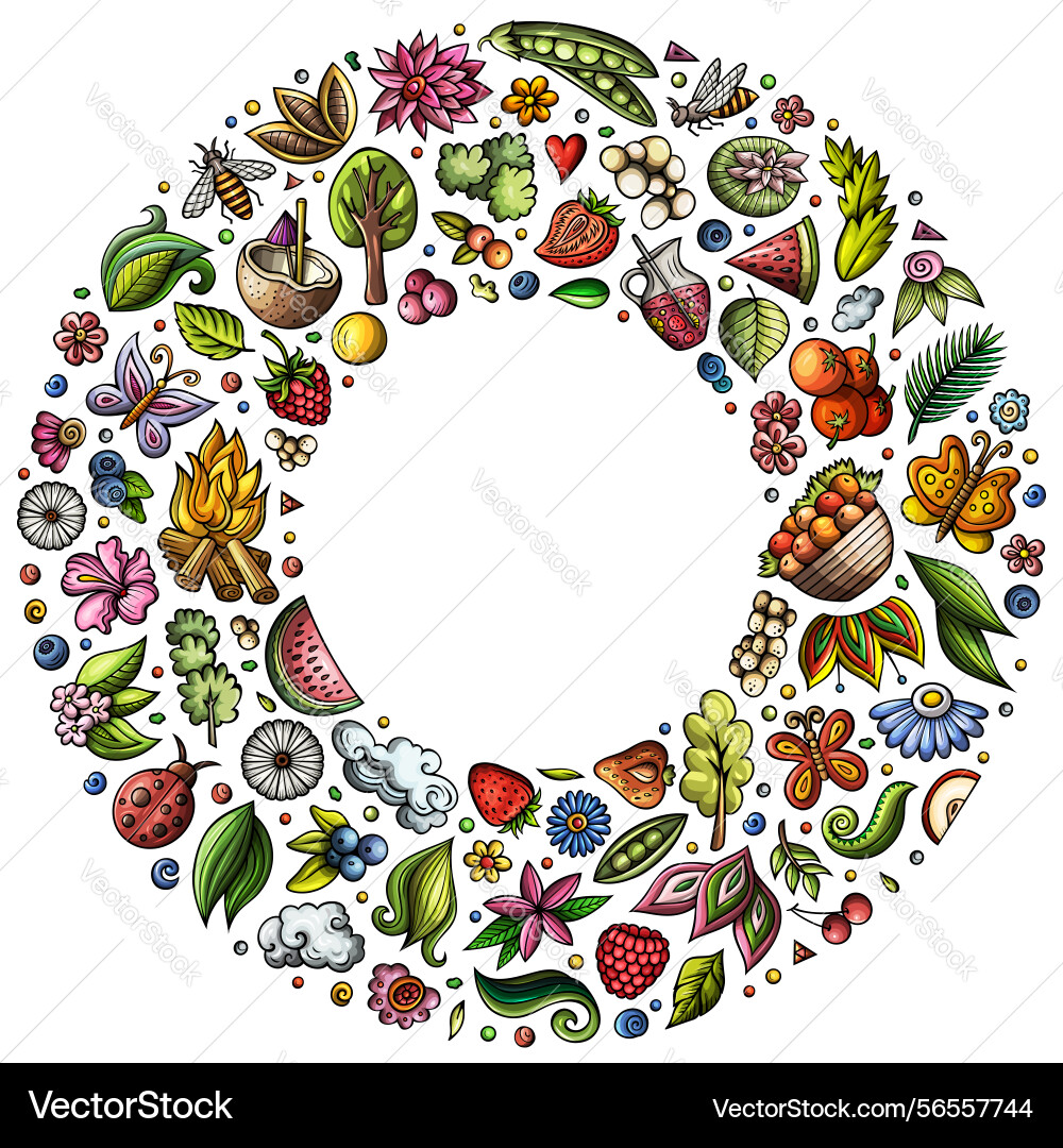 Set of summer nature cartoon doodle objects round Set of summer nature cartoon doodle objects round vector image