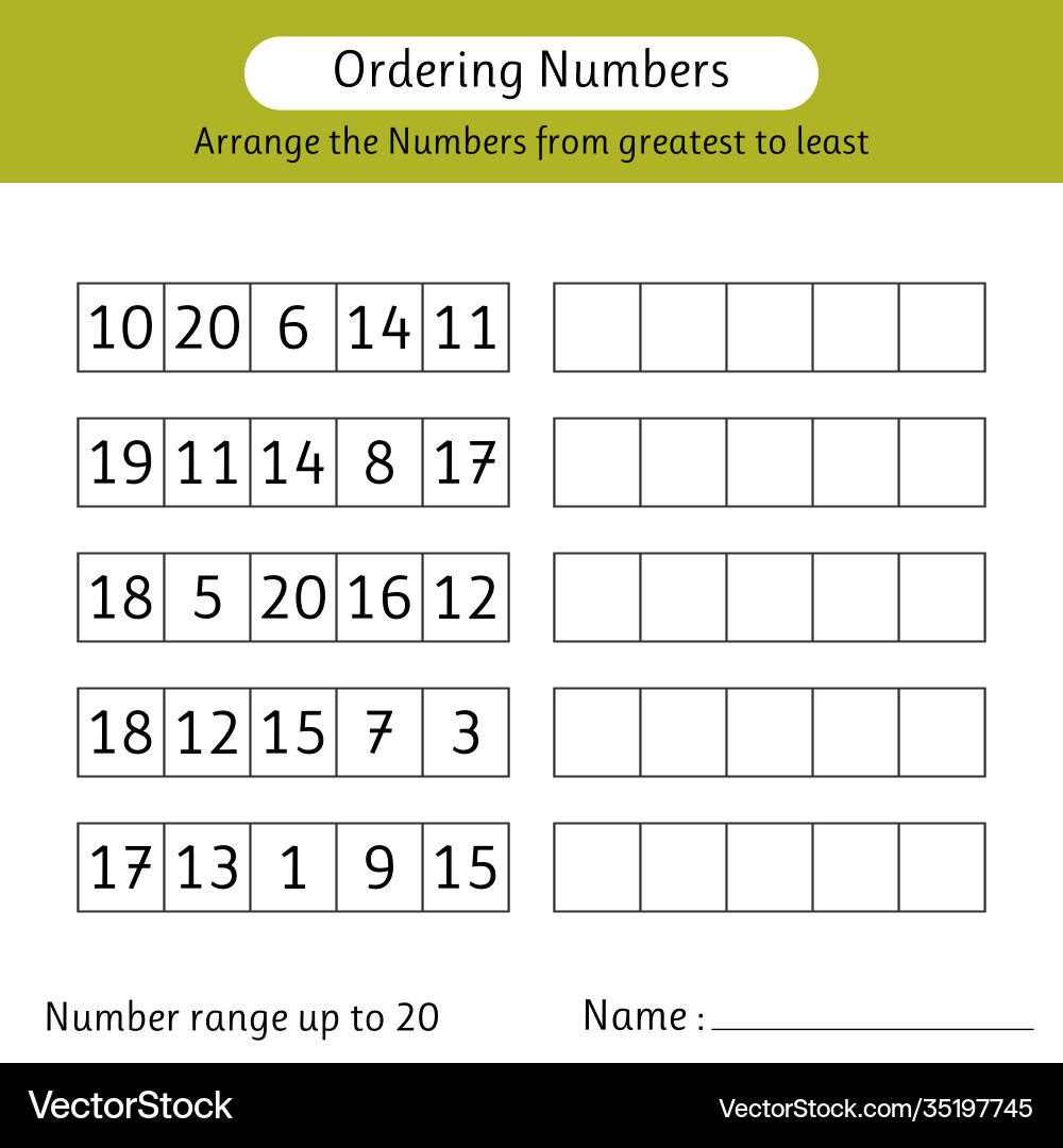Ordering numbers worksheet arrange vector image