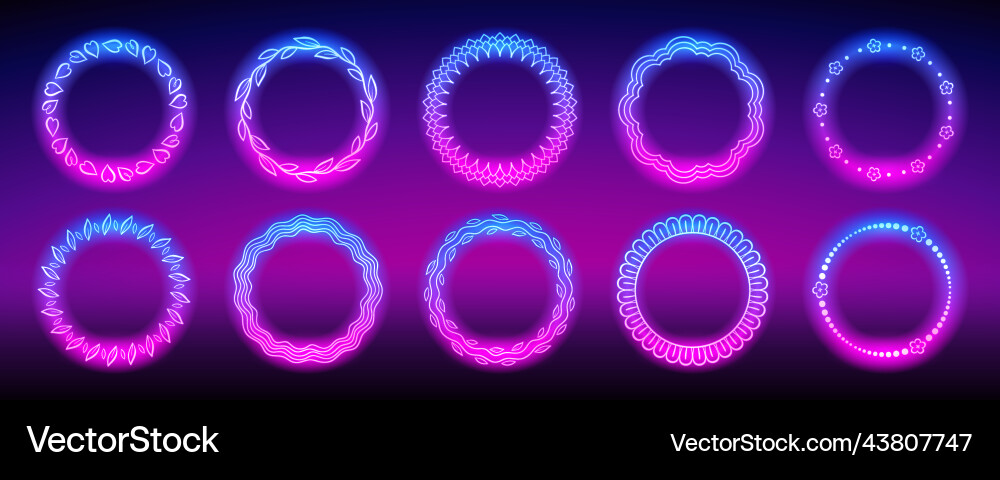 Round flower neon frames set Royalty Free Vector Image