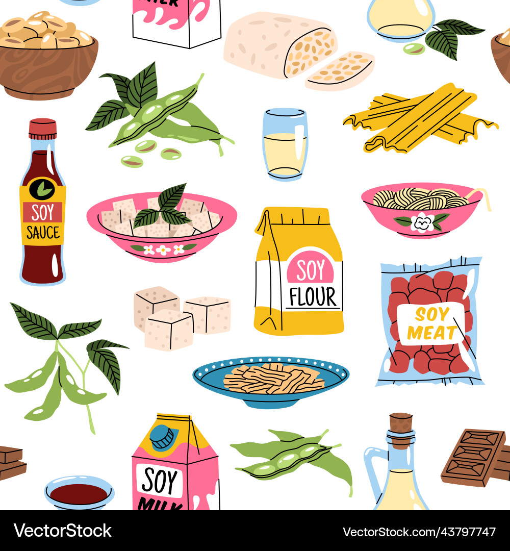 Soy products seamless pattern repeated soybean Soy products seamless pattern repeated soybean vector image