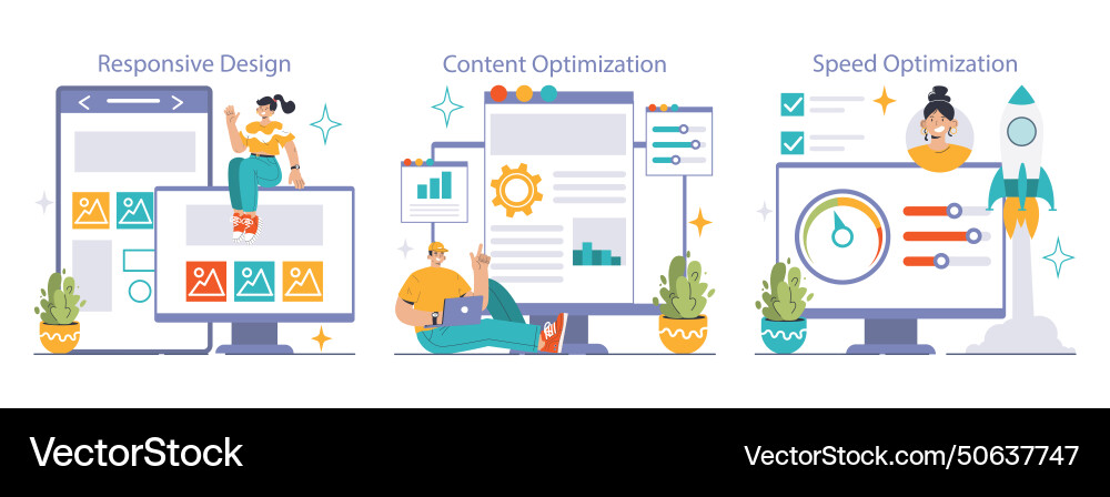 Website optimization set tailoring user-friendly Website optimization set tailoring user-friendly vector image