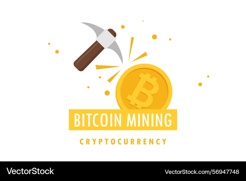 Bitcoin mining concept with pickaxe and coin flat vector image