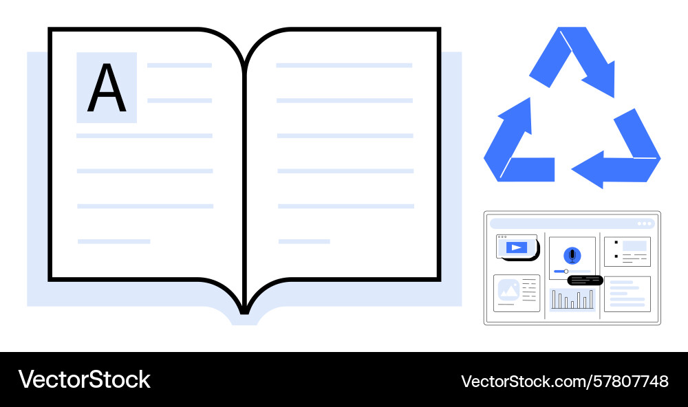 Open book with recycling symbol and data dashboard Open book with recycling symbol and data dashboard Vector Image