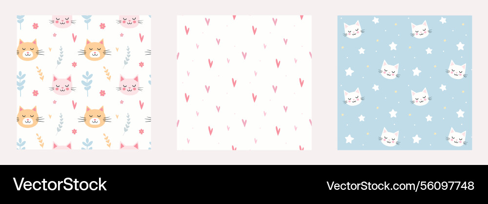 Set of seamless patterns with cats and hearts Set of seamless patterns with cats and hearts vector image