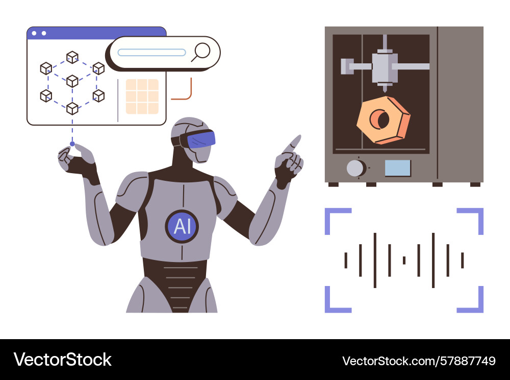 Ai robot interacting with 3d printing and data Vector Image