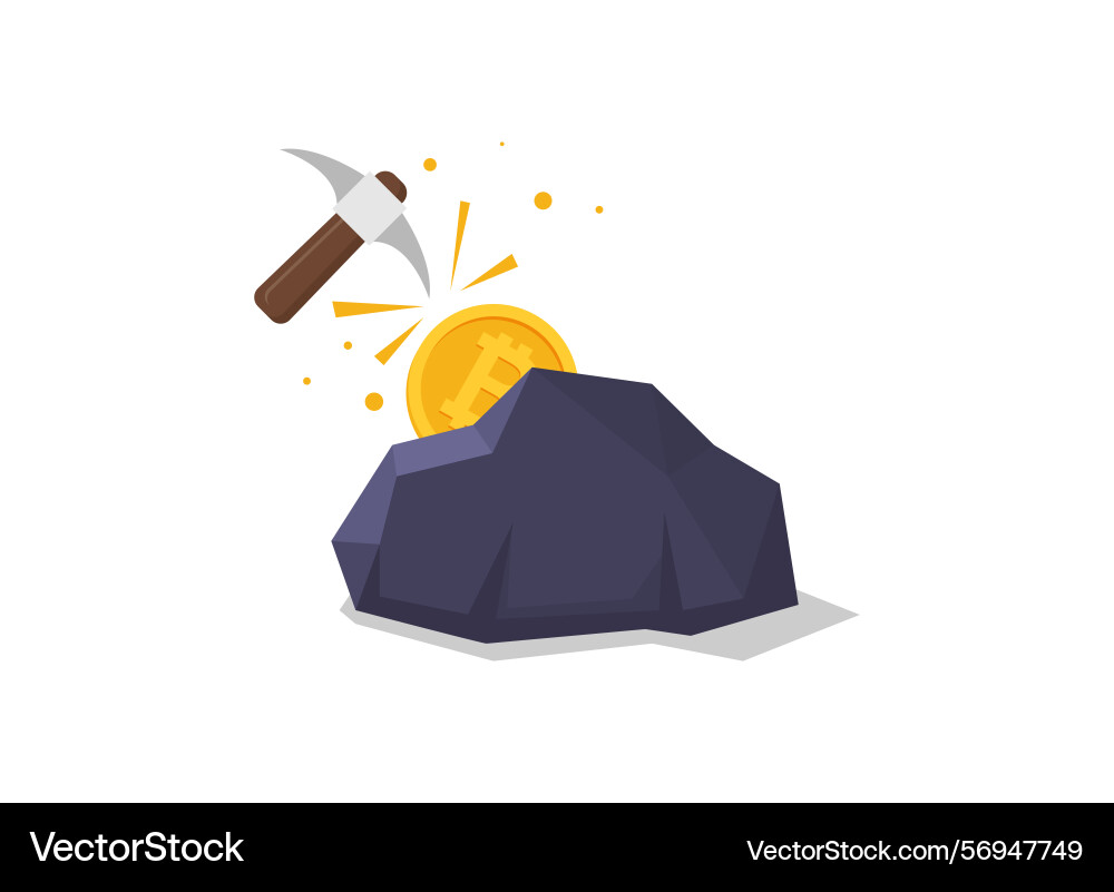 Bitcoin mining concept with pickaxe and coin flat vector image