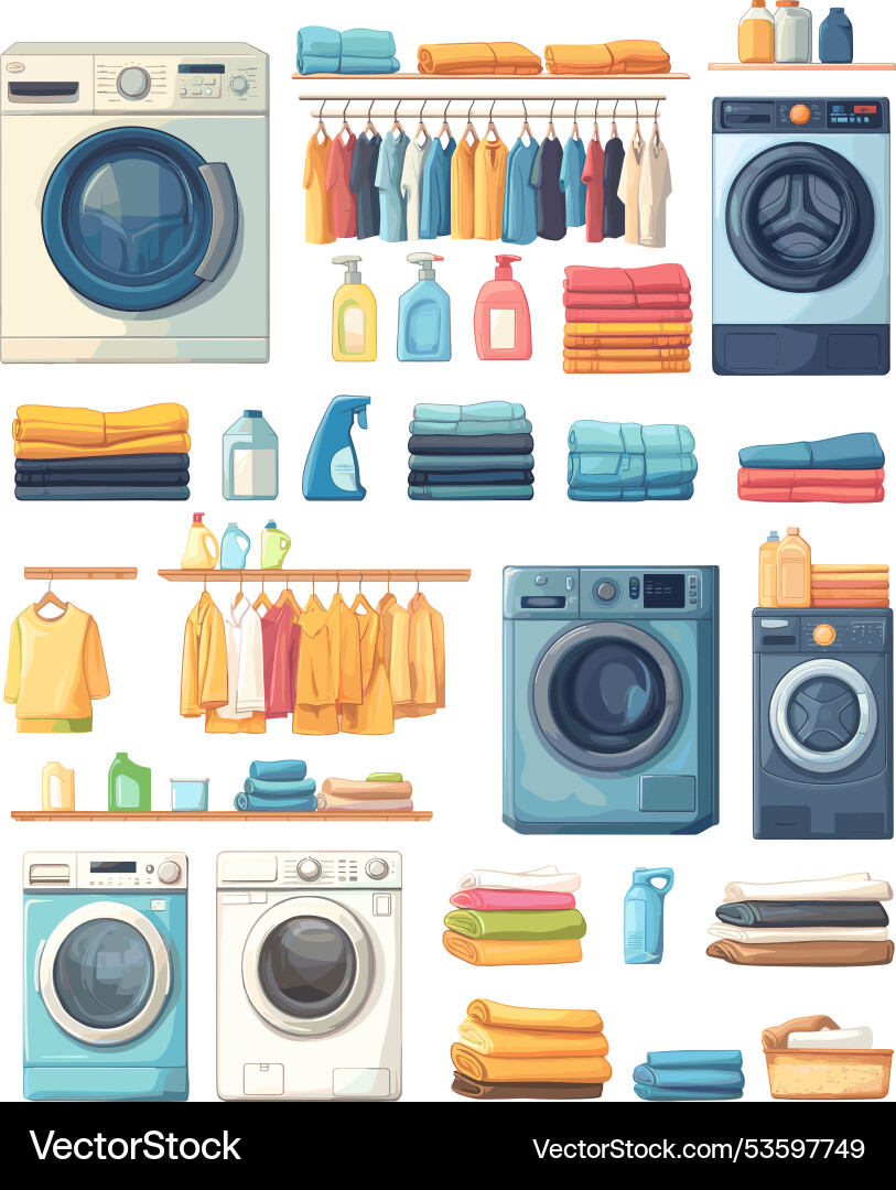 Cartoon laundry equipment washing machine soap Cartoon laundry equipment washing machine soap vector image