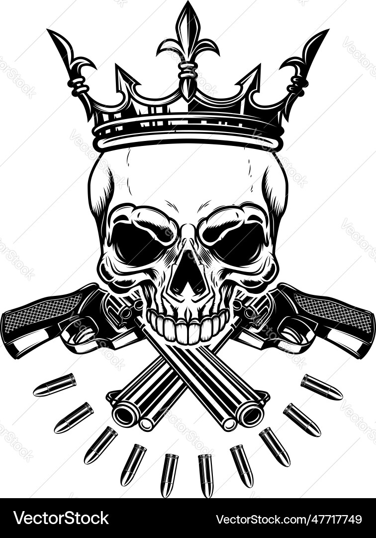 Skull with crossed revolvers and king crown Skull with crossed revolvers and king crown vector image
