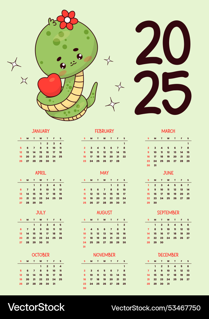 2025 annual calendar cute snake girl with heart Vector Image