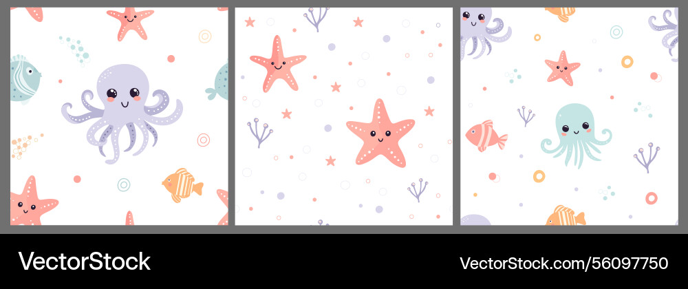 Set of seamless patterns with sea inhabitants Set of seamless patterns with sea inhabitants Vector Image