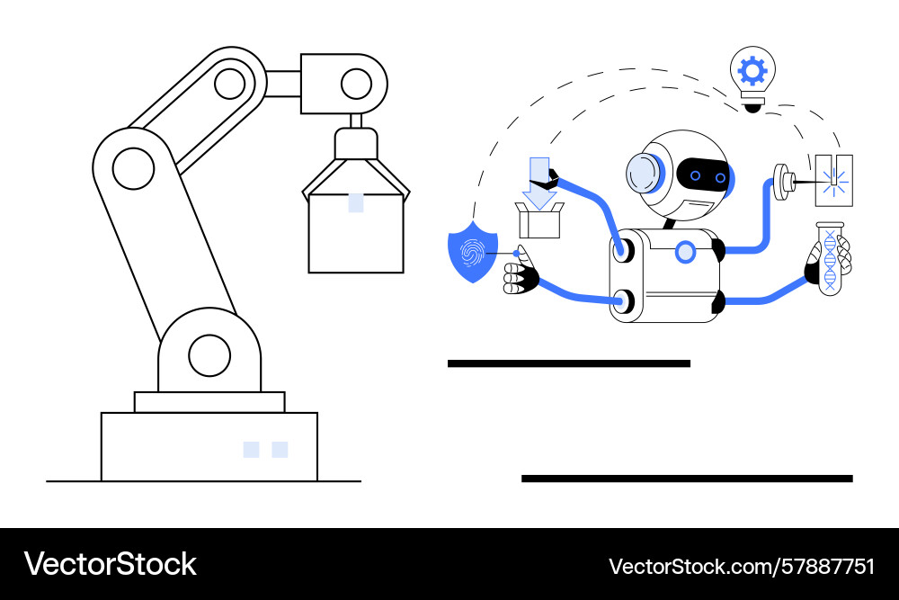 Robotic arm and ai robot representing automation Robotic arm and ai robot representing automation Vector Image