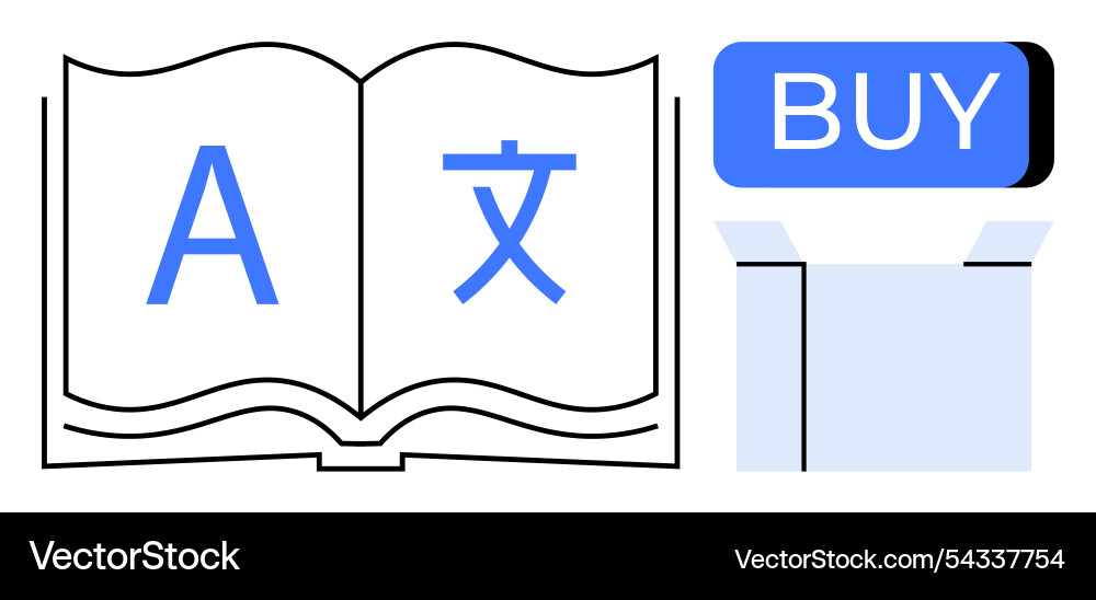 Open book displaying multilingual text buy button Open book displaying multilingual text buy button vector image