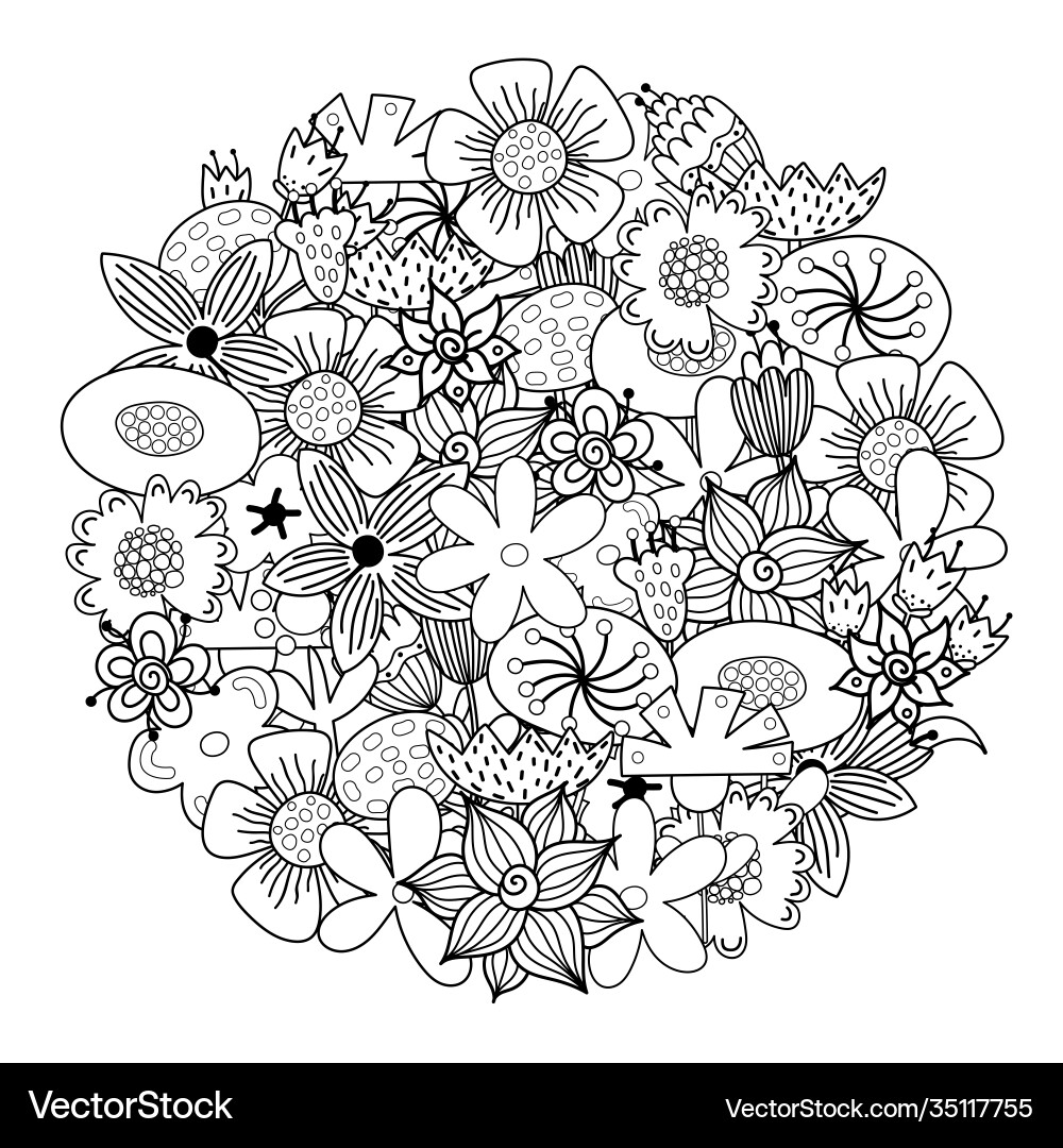 Floral Doodle Coloring Page - Mandala Flowers Vector Image