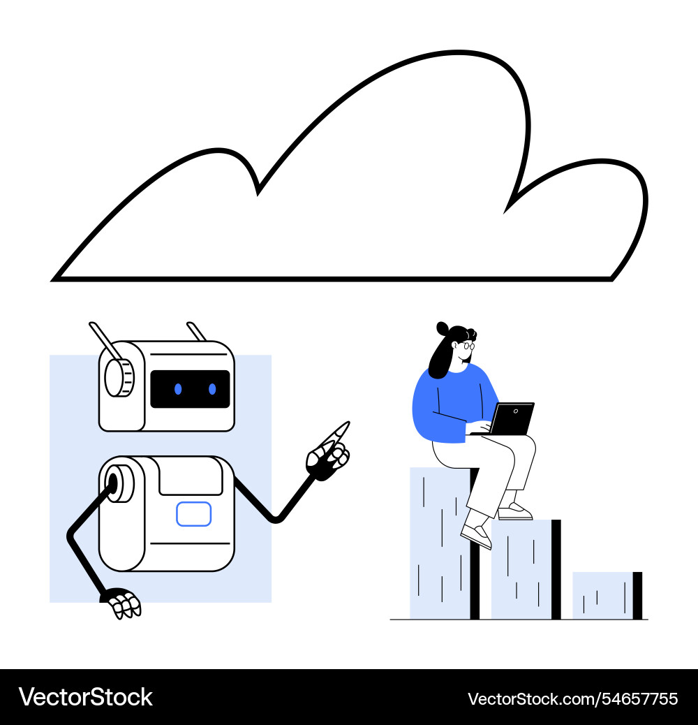 Robot pointing at cloud with person working Robot pointing at cloud with person working vector image