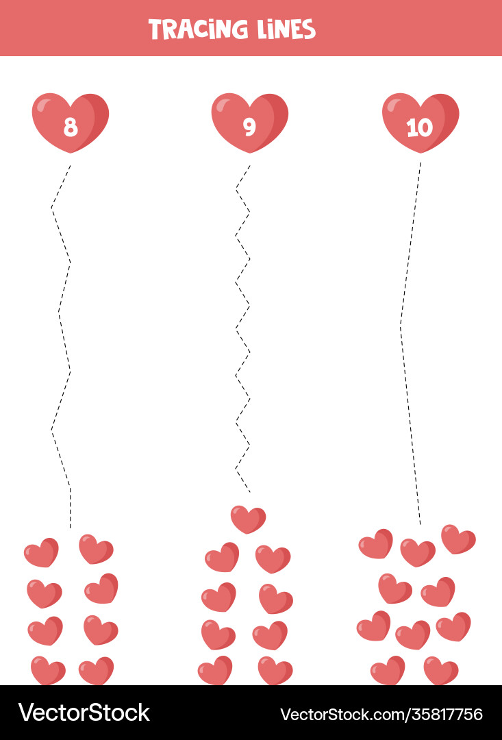 Trace lines and count number hearts Trace lines and count number hearts vector image