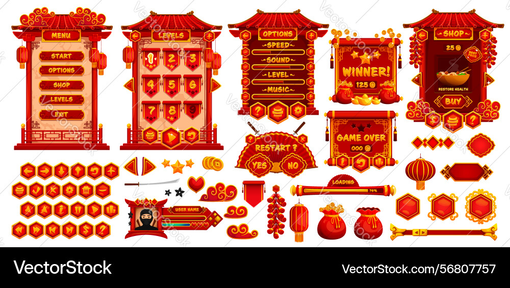 Chinese gui game user buttons and frames asset Chinese gui game user buttons and frames asset vector image
