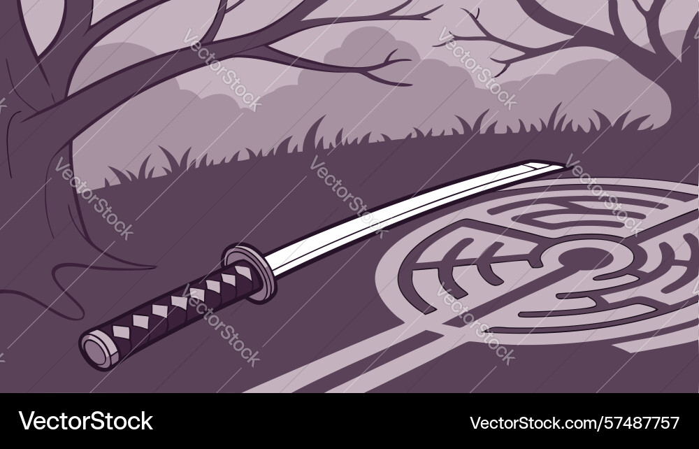 Katana sword on a complex maze path symbolizing vector image