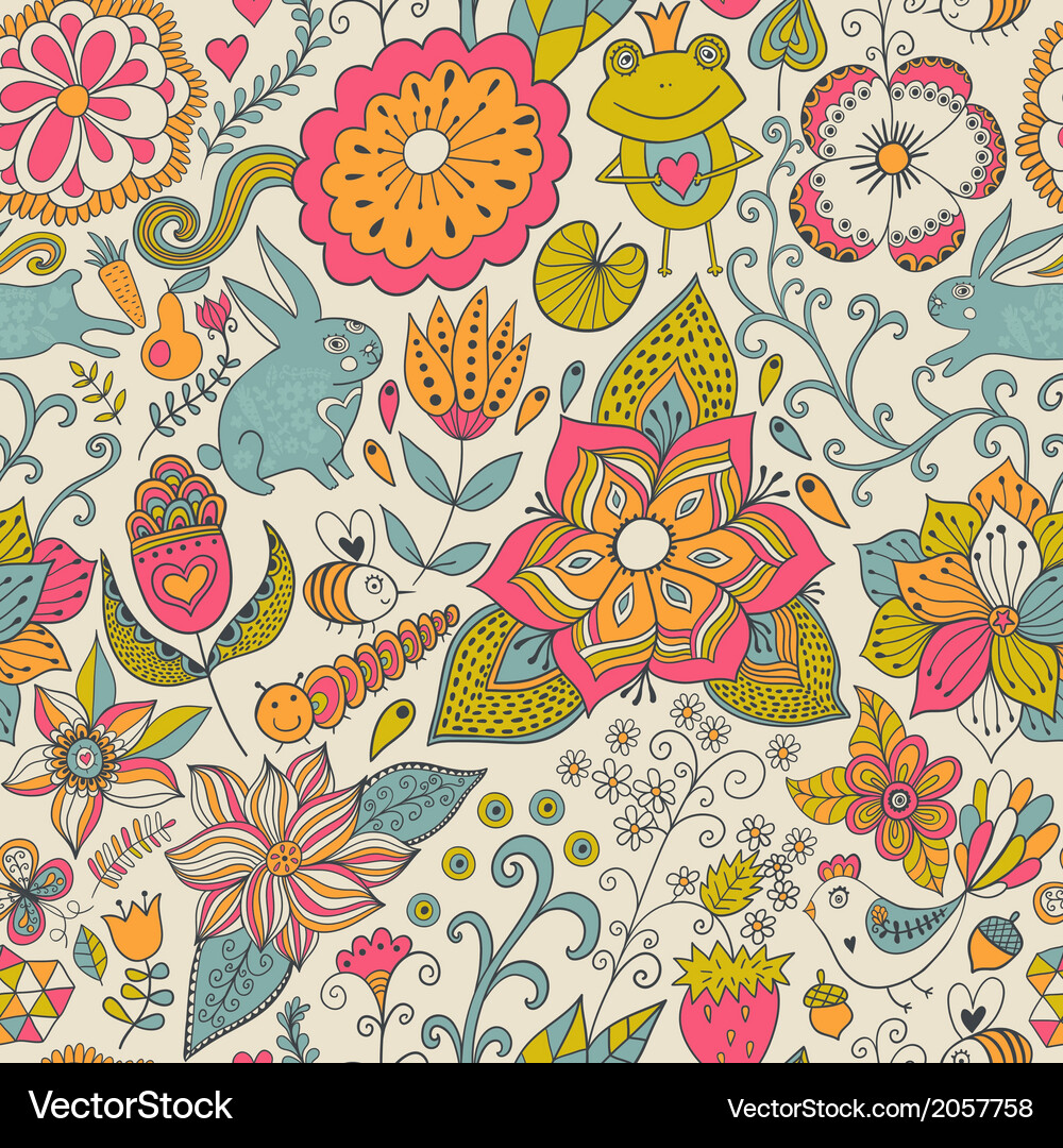 Floral Wallpaper Pattern with Animals Vector Image