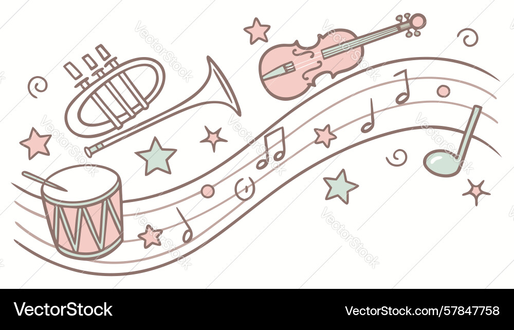 Orchestral instruments with notes and stars Vector Image