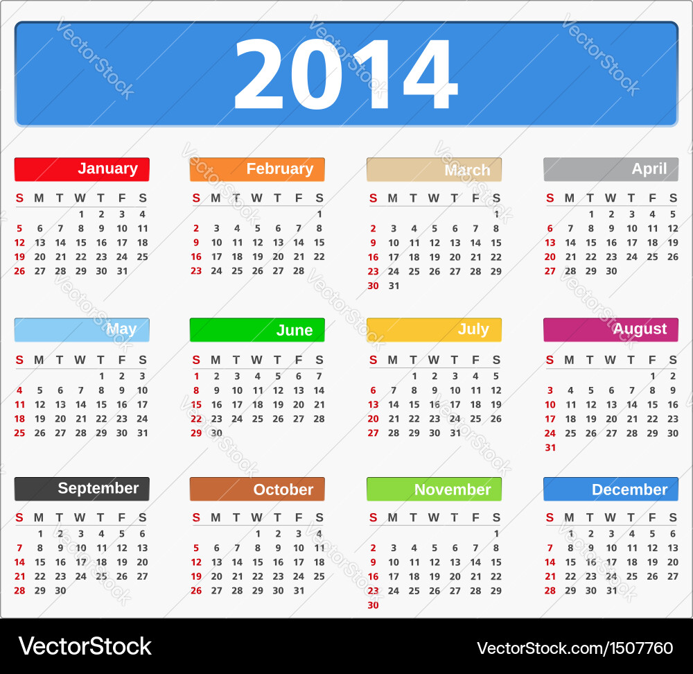 2014 Calendar Print (1507760) – Royalty-Free Vector | VectorStock, image size:1000x972