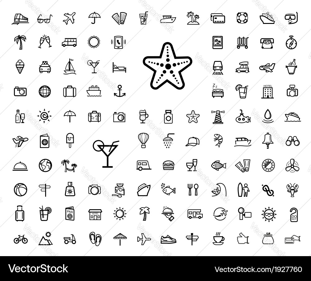 Travel Vacation Icon Set - Black & White Vector Image