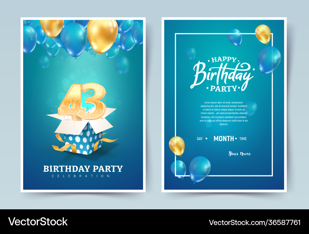 43th years birthday invitation double card 43th years birthday invitation double card vector image