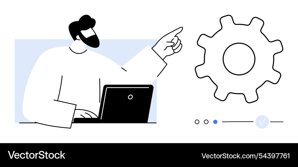Man pointing at gear while working on laptop Man pointing at gear while working on laptop vector image