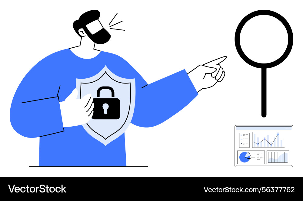 Man advocating data security with shield lock Man advocating data security with shield lock vector image