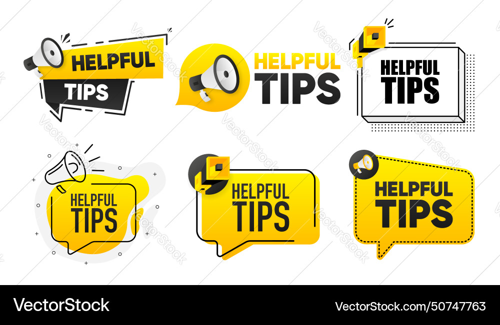 Helpful tips megaphone label collection with text Helpful tips megaphone label collection with text vector image