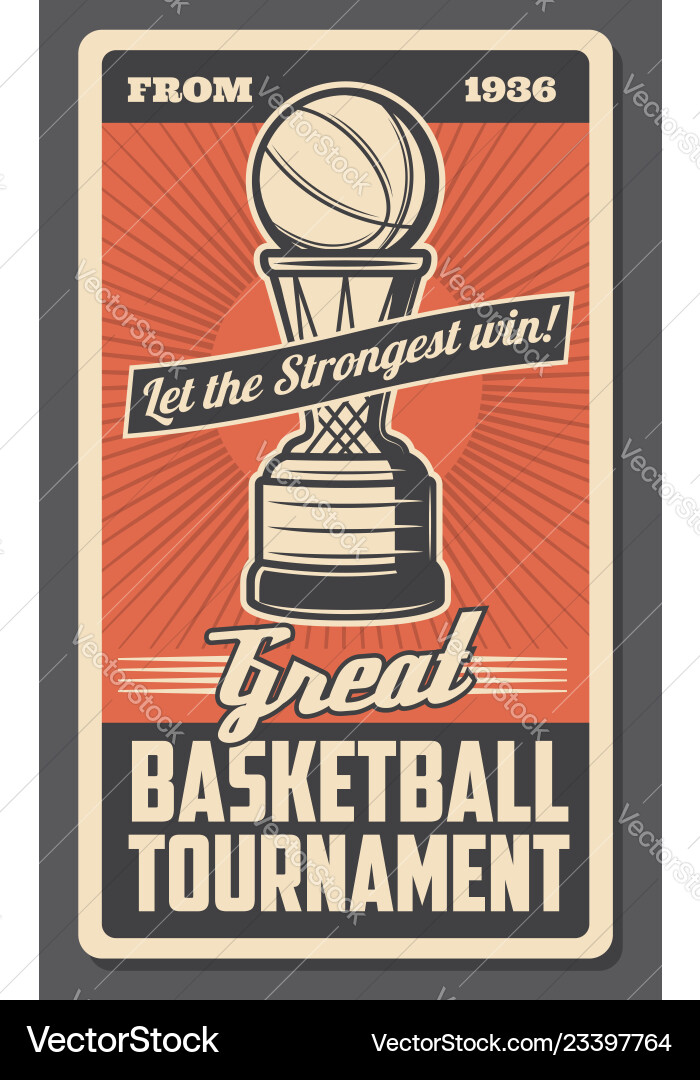 Basketball trophy cup with ball and basket hoop vector image