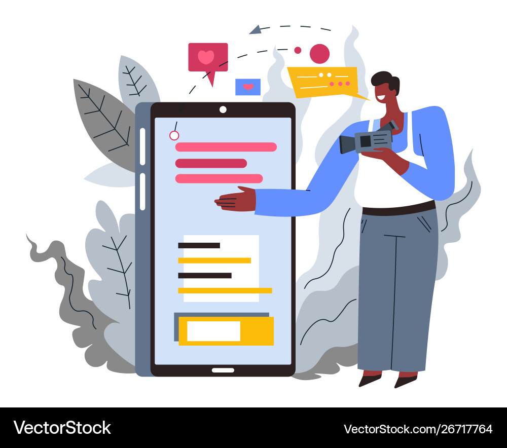 Guy making review on mobile device blogger Guy making review on mobile device blogger vector image
