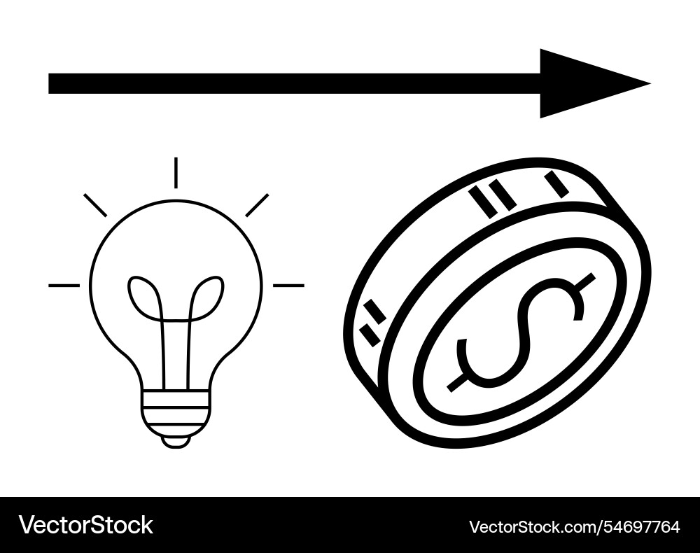 Light bulb and coin connected by arrow towards Light bulb and coin connected by arrow towards vector image