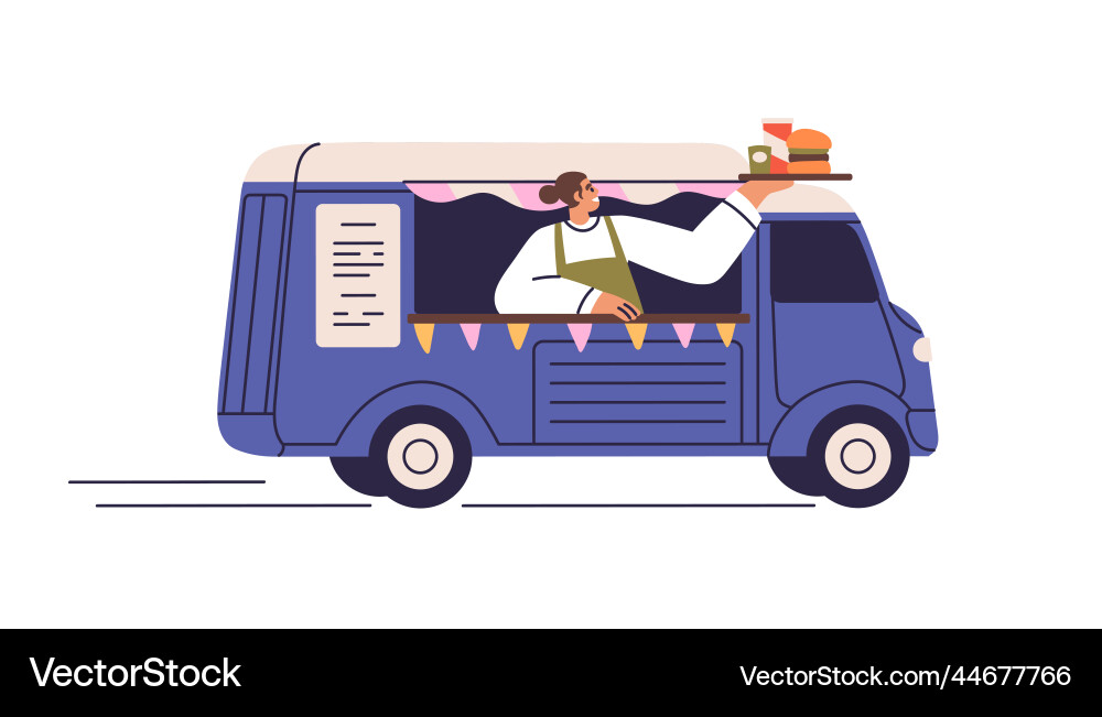 Food truck with street vendor selling meals Food truck with street vendor selling meals vector image