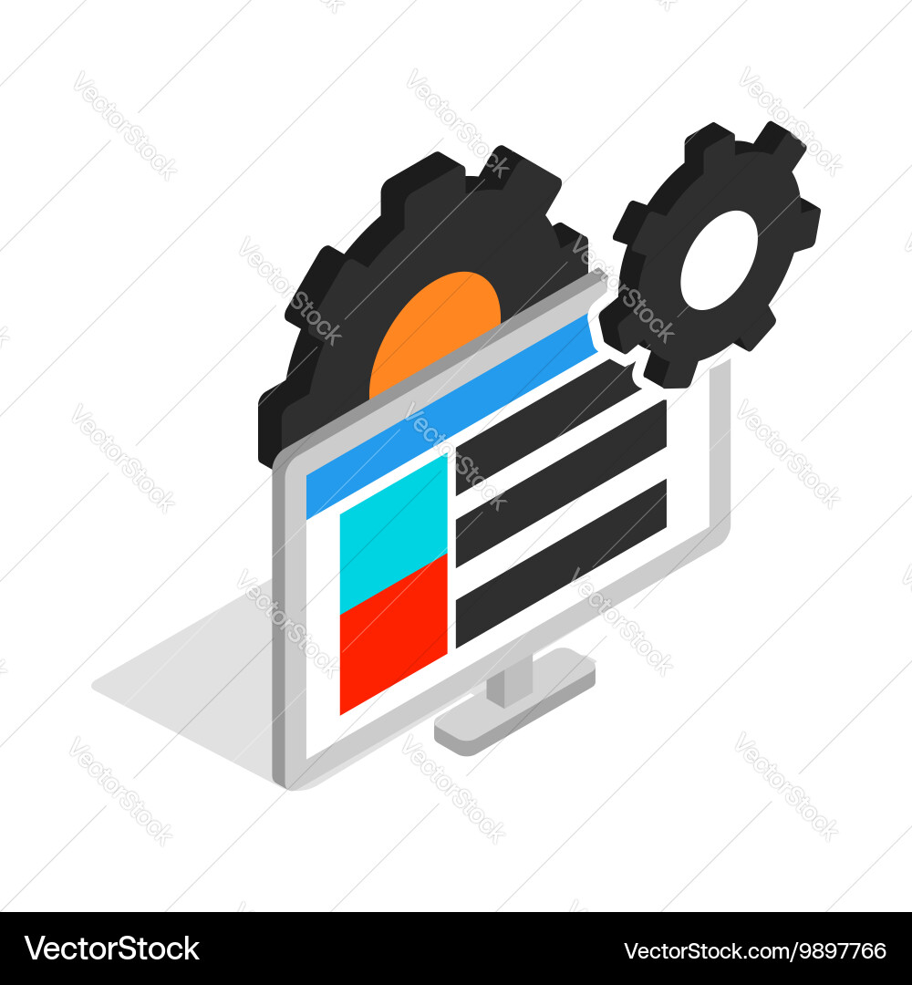 Gears and computer monitor icon isometric 3d style vector image