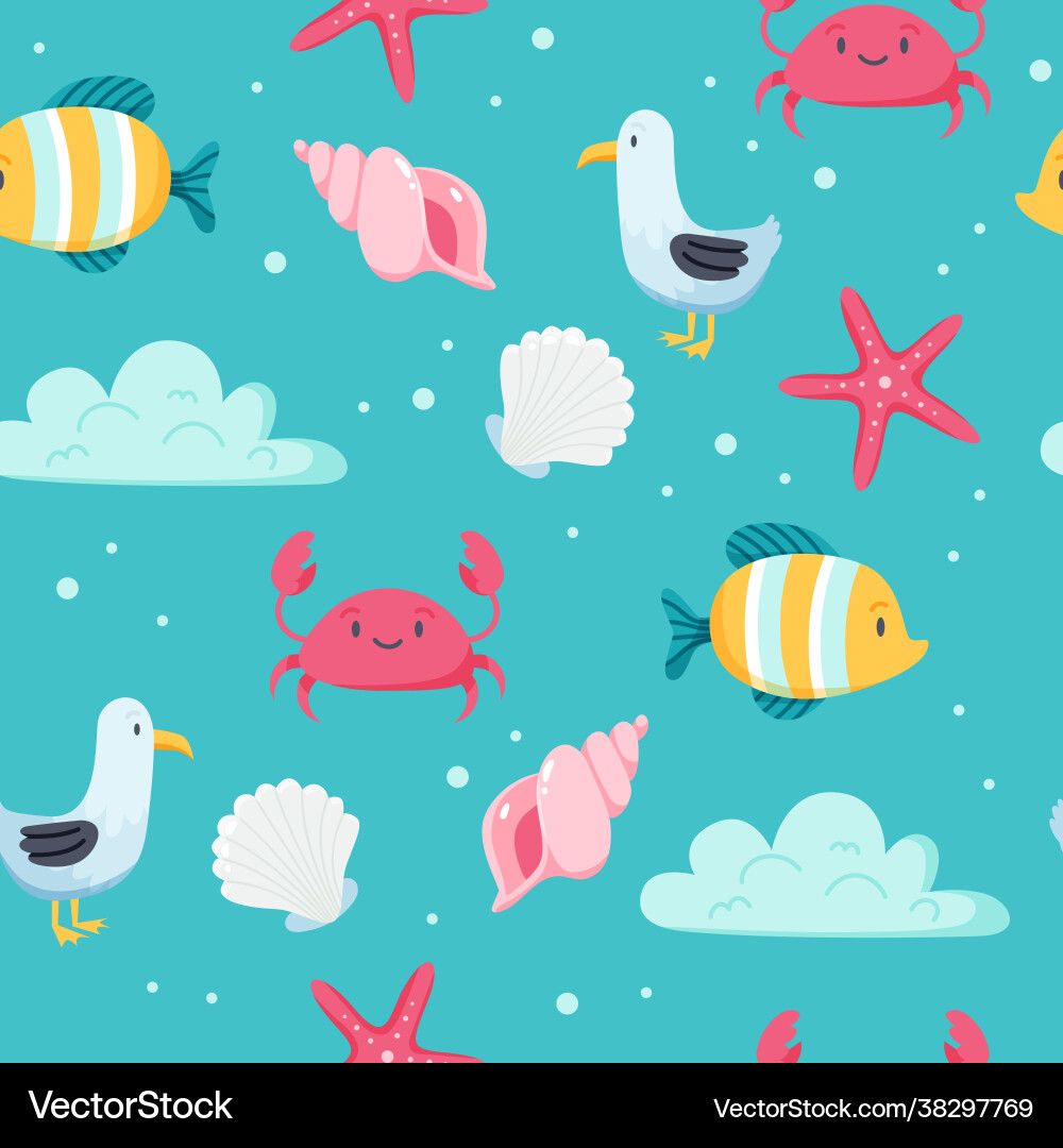 Summer sea pattern cute fish seagull crab Vector Image