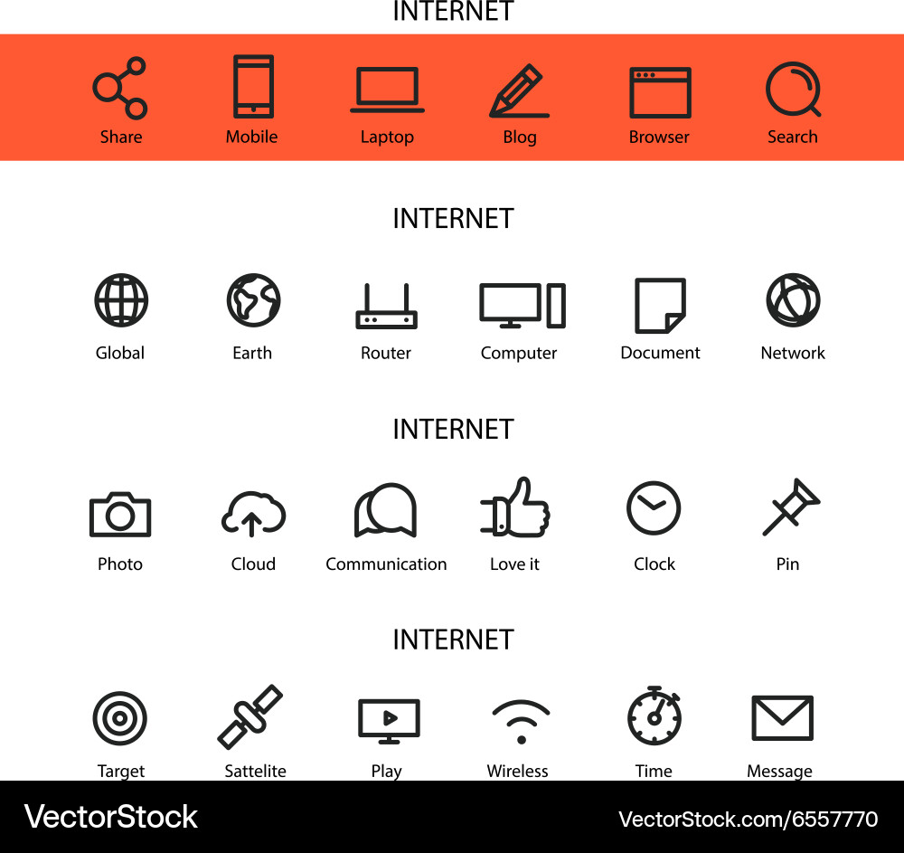 Different line style icons set internet vector image