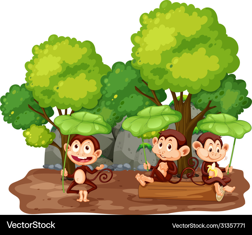 Scene with three monkeys in park Scene with three monkeys in park vector image