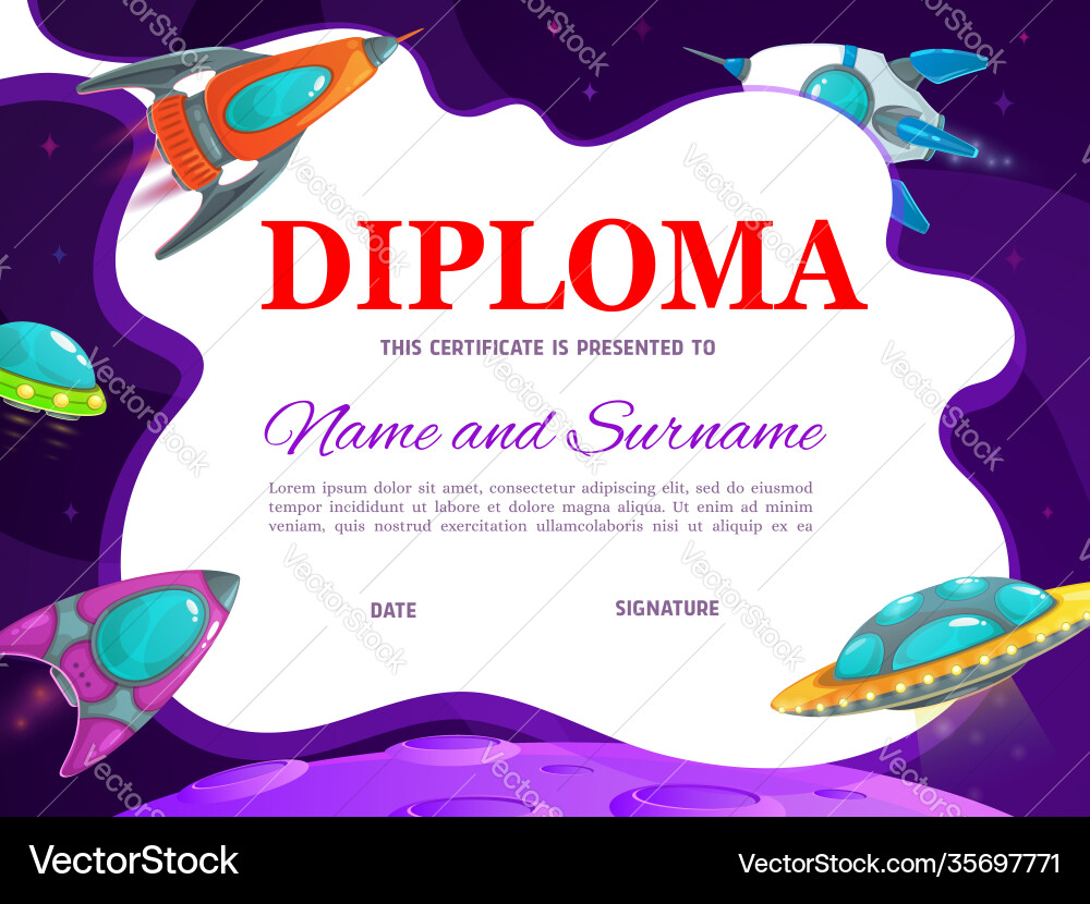 School education diploma with cartoon rockets School education diploma with cartoon rockets vector image