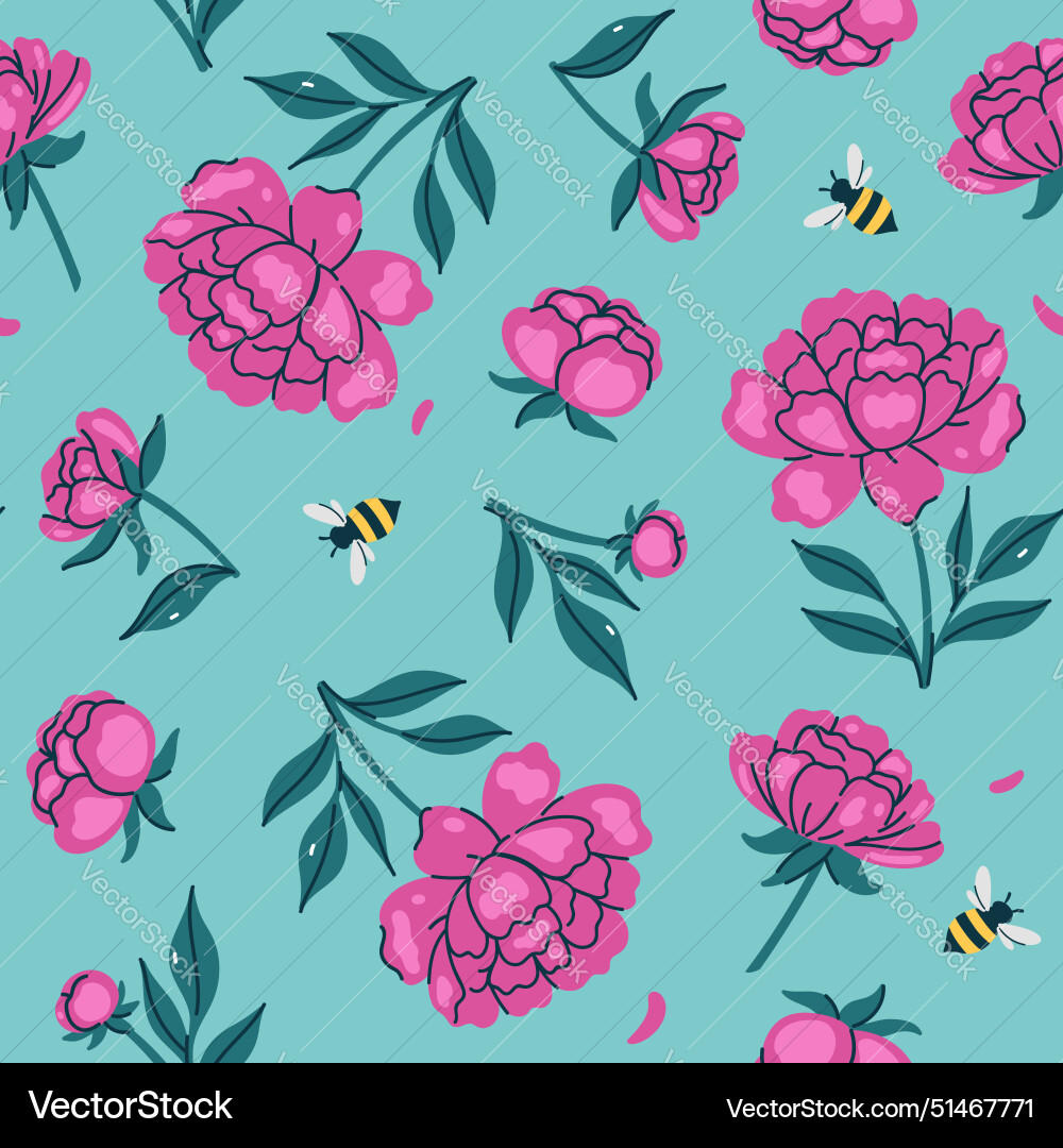 Seamless pattern with pink peonies and bees image Seamless pattern with pink peonies and bees image vector image
