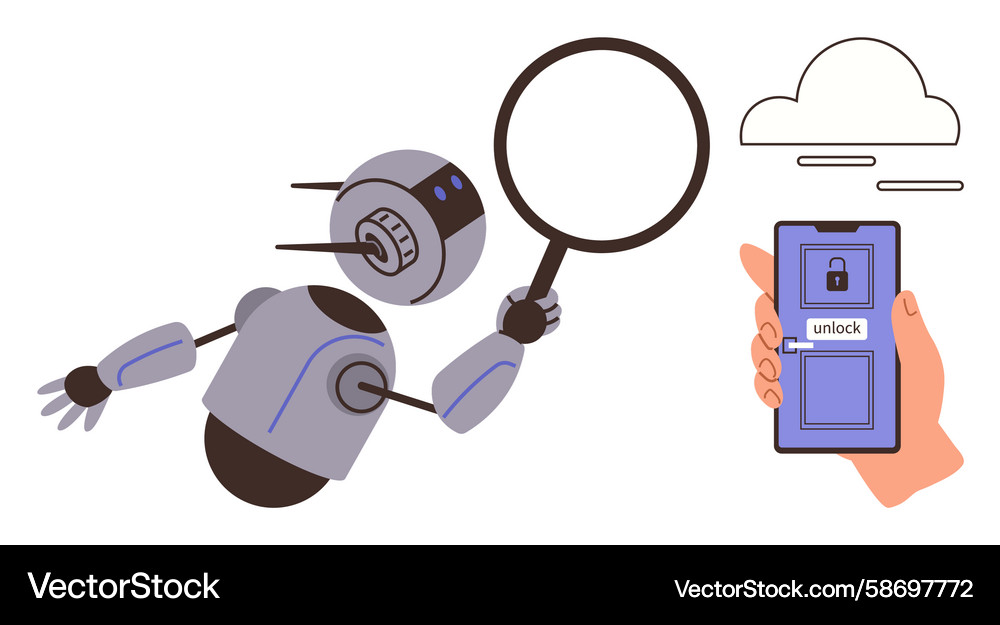 AI Robot Analyzing Smartphone Security Vector Image