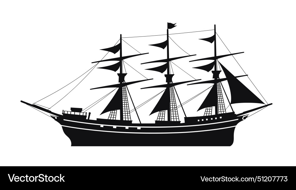 Black silhouette sailing ship three masts sails Black silhouette sailing ship three masts sails vector image