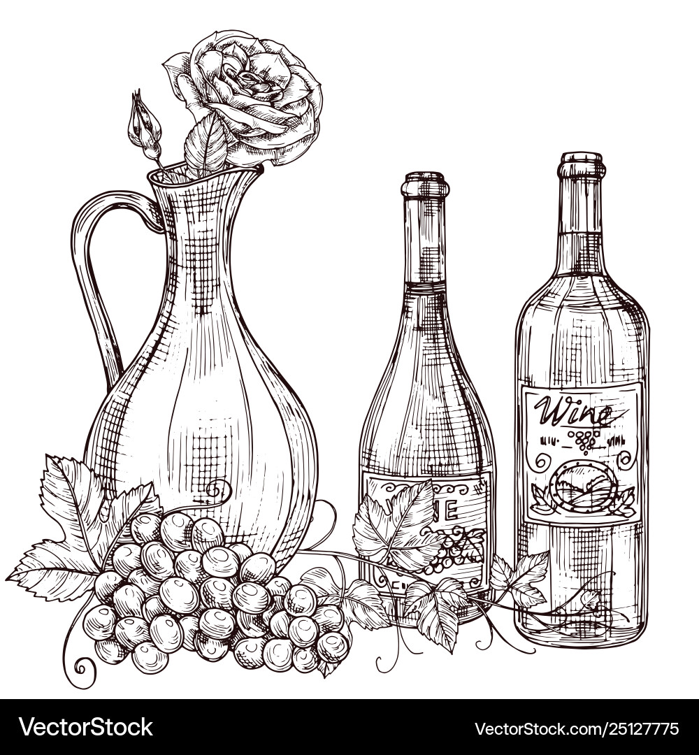 Hand Drawn Wine & Roses Decanter vector image