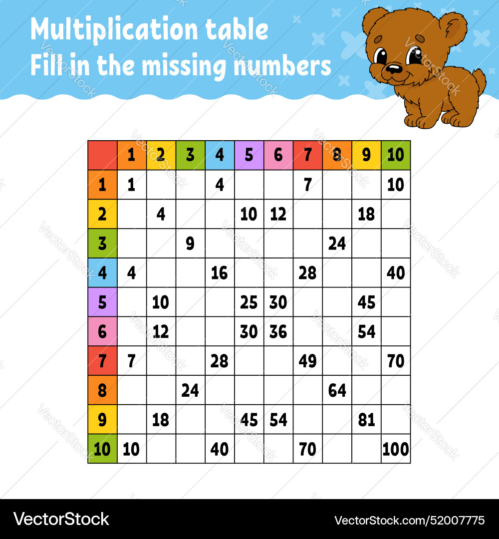 Paste the missing numbers learning multiplication Paste the missing numbers learning multiplication vector image