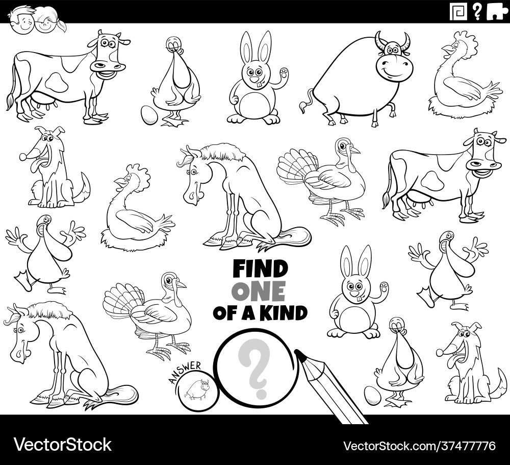 One a kind task with cartoon farm animals Vector Image