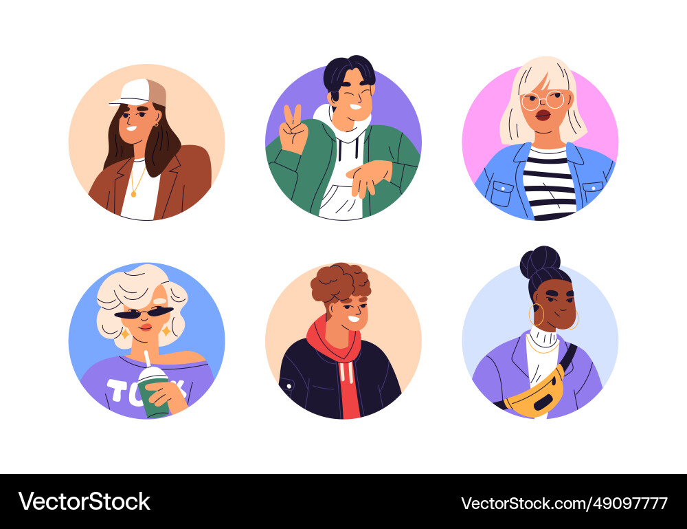 Young men women faces set modern trendy vector image