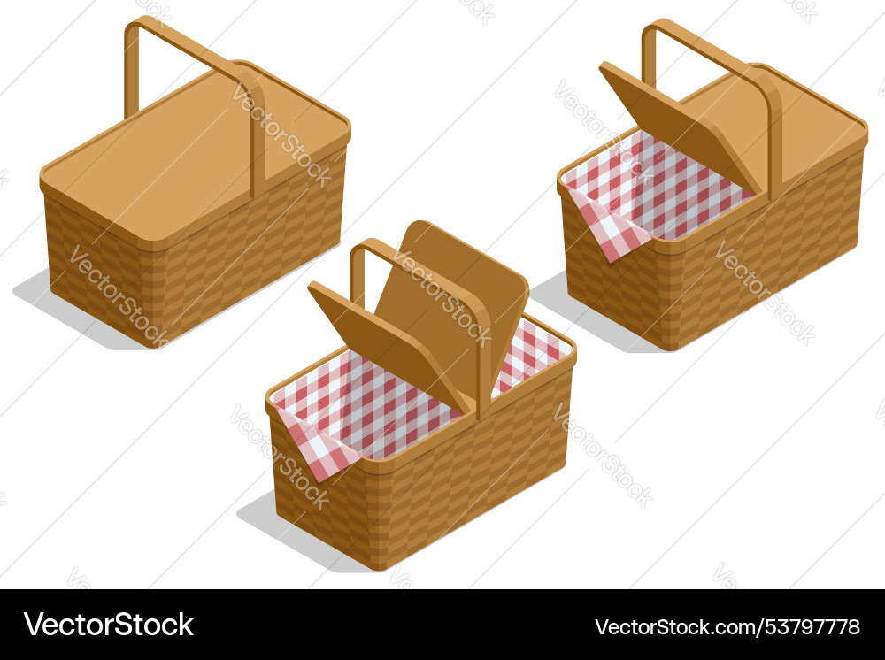 Isometrisch offener oder geschlossener Wicker Picknickkorb Isometrisch offener oder geschlossener Wicker Picknickkorb vektorbild